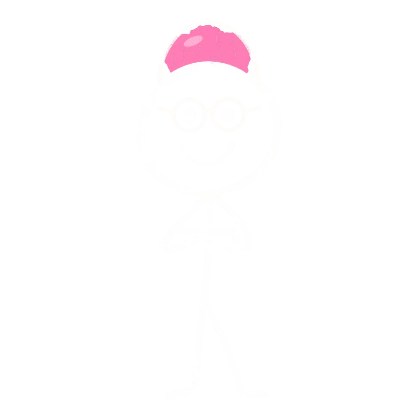 Chalk stick figure in round glasses with its arms crossed and a pink brain on top of its head
