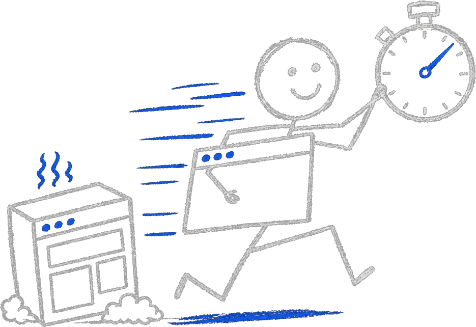 Chalk stick figure sprinting with a light browser window under one arm and a blue speed streak, leaving a heavy stalled old website box behind.