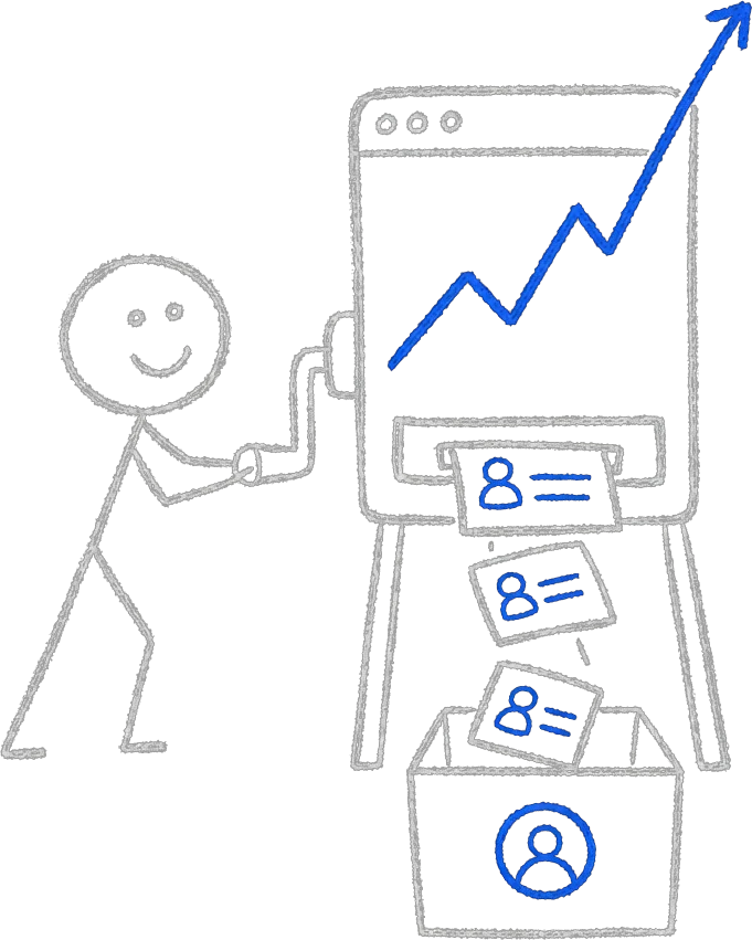 Chalk stick figure cranking a handle on a browser-window machine that pushes a rising blue chart upward and drops form cards into a small box below.