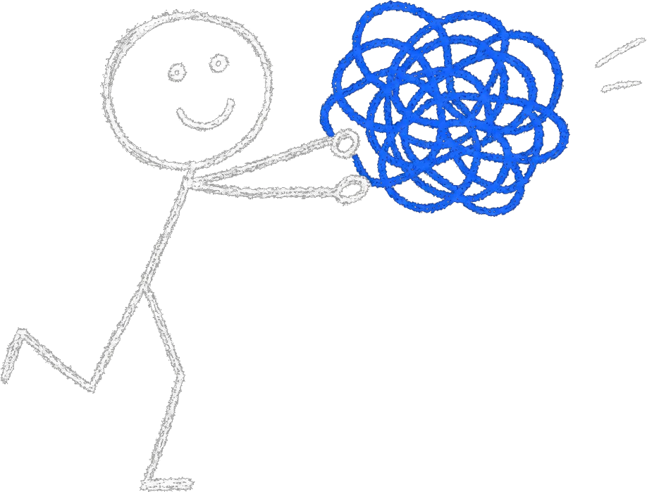 Chalk stick figure offering a tangled blue knot, representing a business bottleneck to be solved