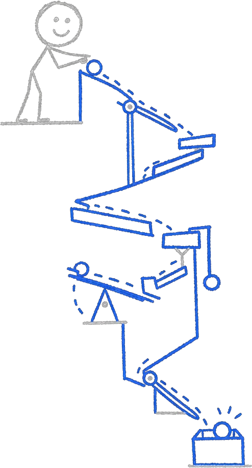 Chalk stick figure dropping one ball into a tall blue chain-reaction machine that carries it through every step to a finished box