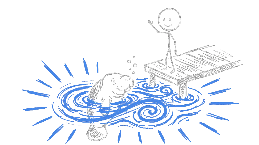 Chalk drawing of the Manatee River pier with a manatee surfacing in the calm water below