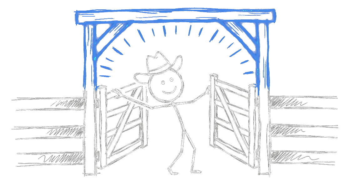 Chalk drawing of a lakeside pavilion and ranch gate entrance framing the Waterside promenade