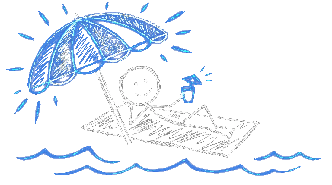 chalk drawing of a beach umbrella with waves rolling in and a pelican perched on a post