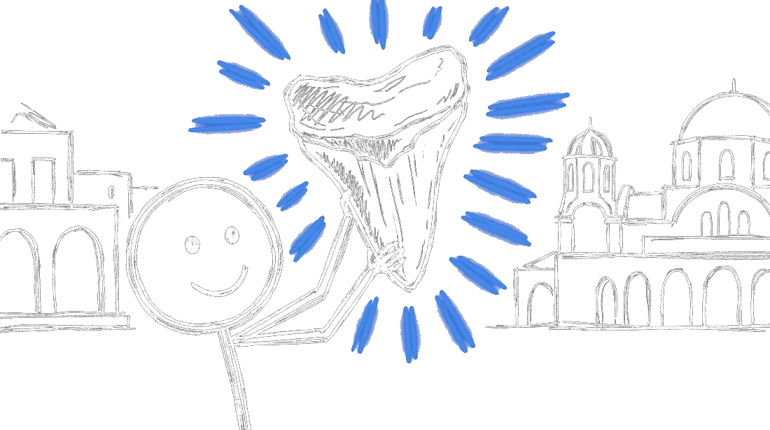 Chalk drawing of Mediterranean arches along Venice Avenue with a shark tooth emblem in the corner