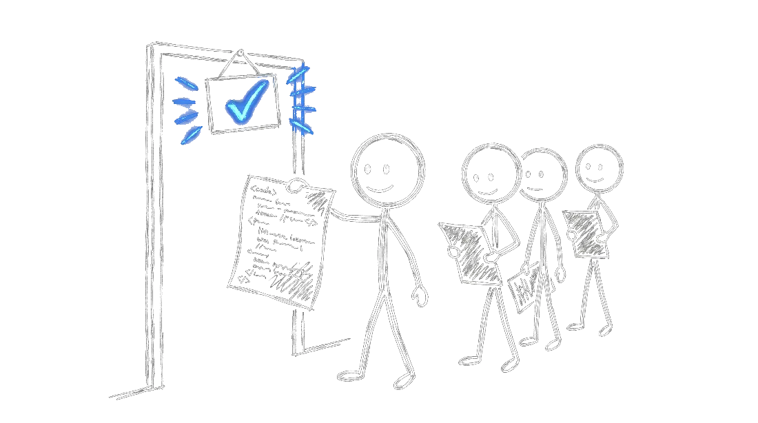 Chalk illustration of four different agent figures queued at a single doorway marked with a pass gate, each holding a diff.