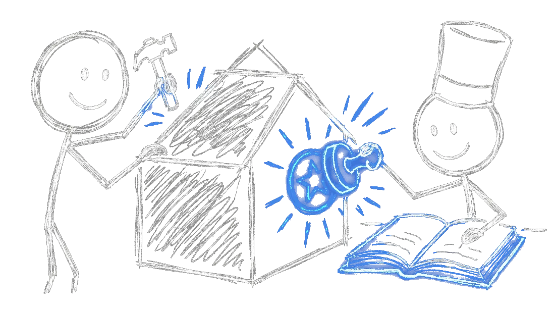 Chalk illustration of a stick figure building a small house while a second figure in a judge's hat stamps approval without looking up