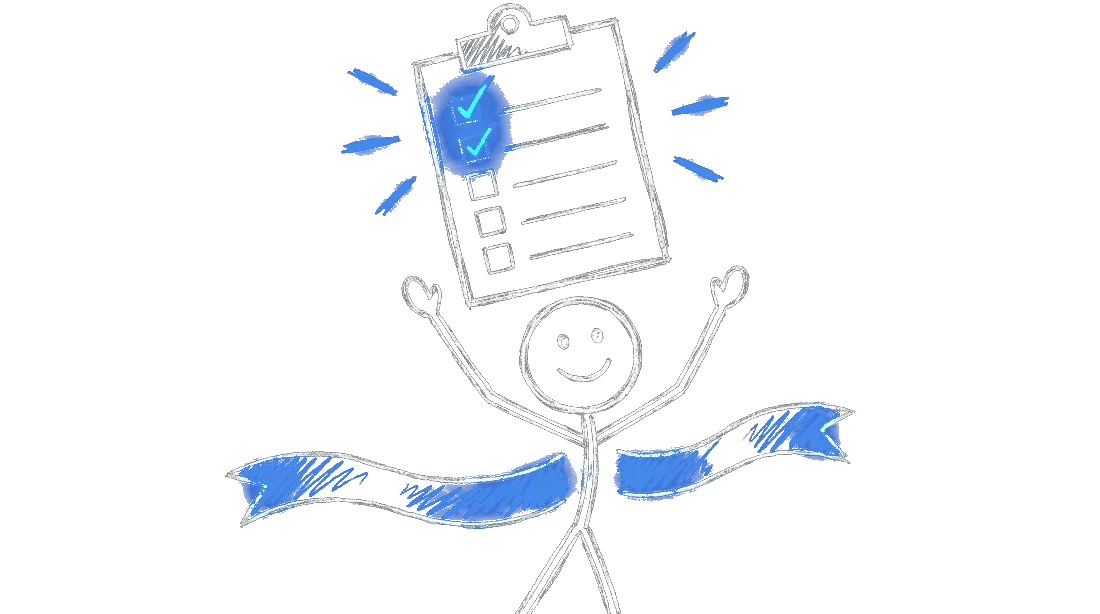 Chalk illustration of a stick figure breaking a finish-line ribbon while a checklist floats overhead with only two of five boxes checked
