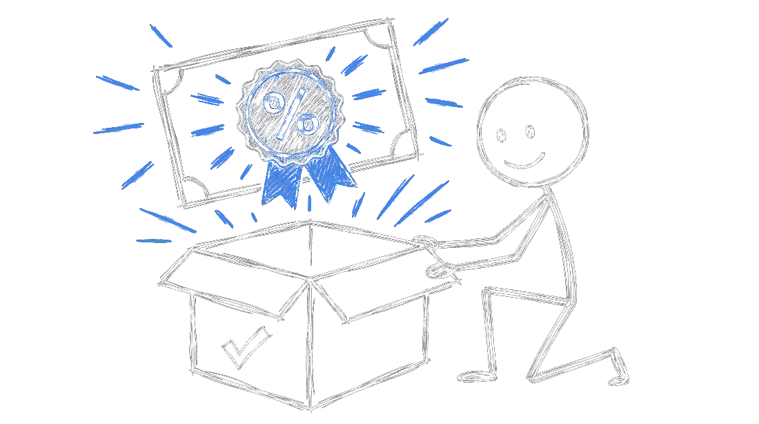 Chalk illustration of a person kneeling beside an open empty box while an award certificate stamped with a percentage seal floats above it