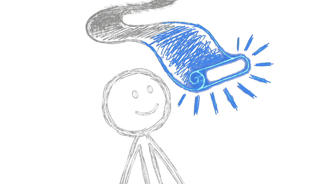 Chalk illustration of a stick figure looking at a long scroll unrolling into the distance, with the middle section fading into mist while the beginning and end glow brightly