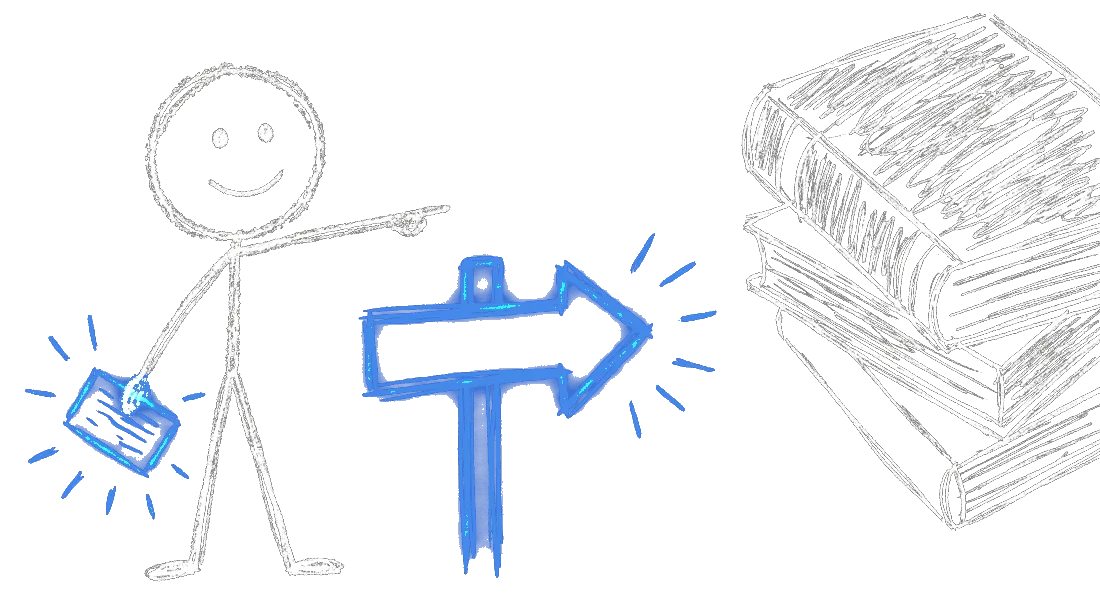 Chalk illustration of a stick figure standing at a signpost holding a single small notecard, pointing toward several larger books in the distance