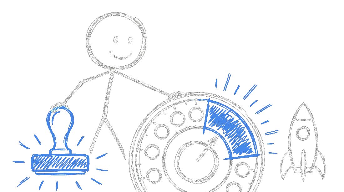 Chalk illustration of a stick figure standing beside a large dial with a marked safe zone, pressing a big approval stamp before a small rocket is allowed to launch