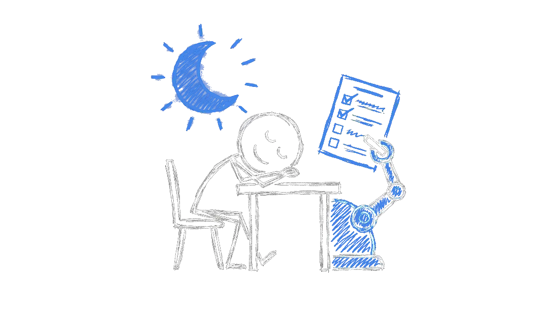 Chalk illustration of a stick figure sleeping peacefully at a small desk under a crescent moon while a small glowing robot arm quietly checks off items on a task list beside him