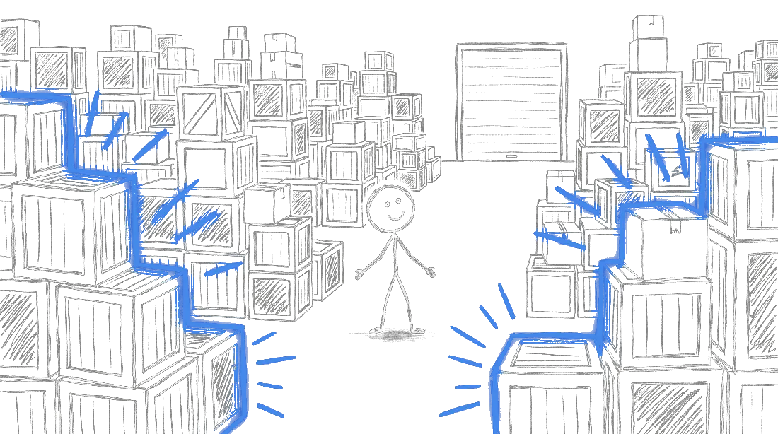 Chalk illustration of a single figure standing in the one narrow patch of clear floor left in a warehouse stacked wall to wall with crates, the delivery door at the far end still shut