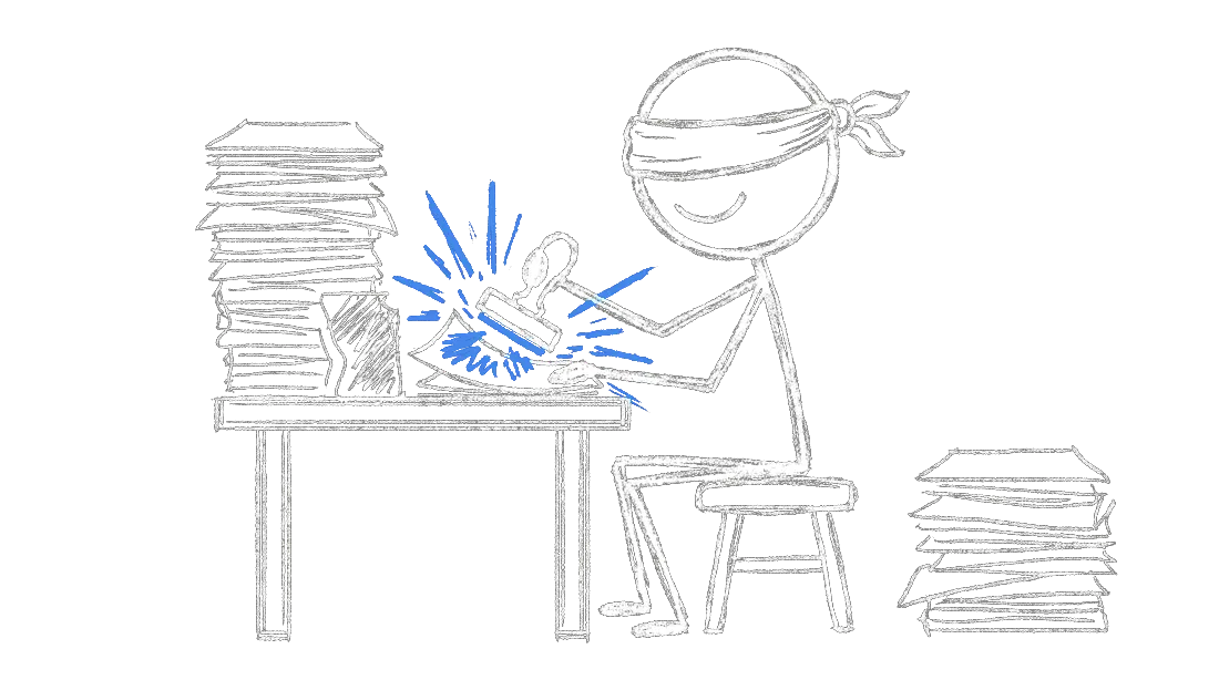 Chalk illustration of a figure wearing a blindfold sitting at a small judge's table, stamping one paper from a tall stack while a second stack waits