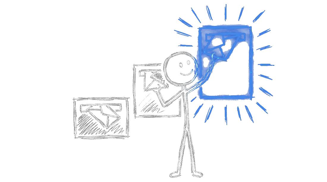 Chalk illustration of a figure posting envelopes into three different-sized mail slots in a wall, reaching up to reach the tallest one