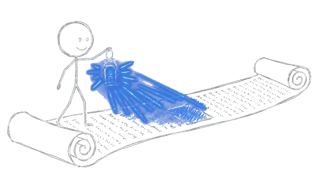 Chalk illustration of a very long unrolled scroll stretching into the distance, with a single figure standing at one end holding a lantern over a small marked passage far down its length