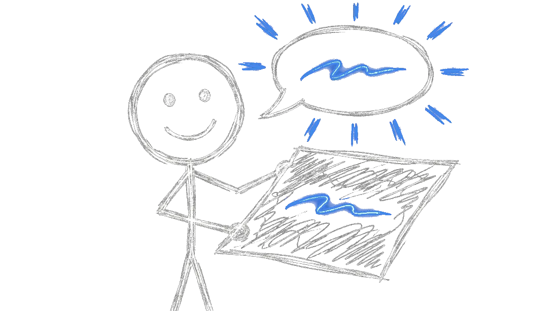 Chalk illustration of a stick figure holding up a page while a large speech bubble above repeats one highlighted sentence from it in blue.