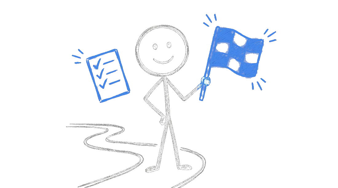 Chalk illustration of a stick figure holding a checkered flag at the end of a short winding path, with a small floating checklist card showing checkmarks beside him