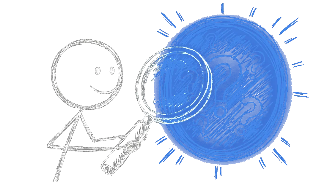 Chalk illustration of a stick figure holding a magnifying glass up to a large glowing round portal filled with floating question mark shapes