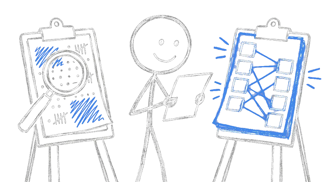 Chalk illustration of a stick figure standing between two clipboards, one showing a magnifying glass over marked-up data and the other showing the same page pulled apart into connected boxes