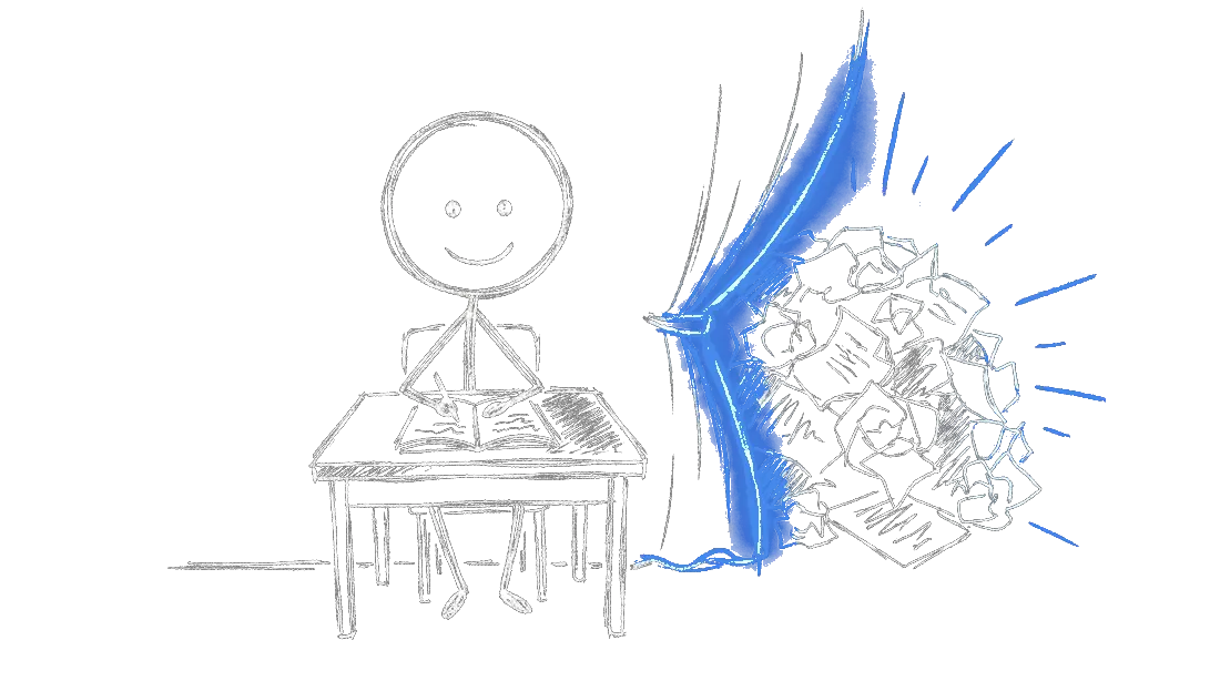 Chalk illustration of a figure sitting at a small tidy desk with one open notebook, while a large messy pile of papers sits behind a half-drawn curtain out of view