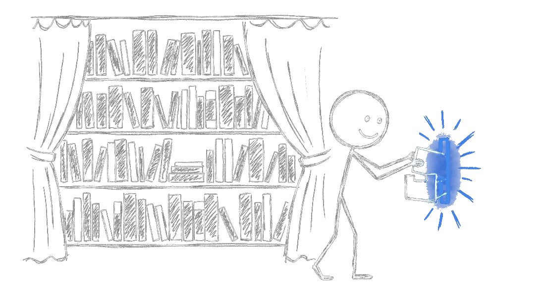 Chalk illustration of a figure sliding one card through a narrow library window while a huge shelf of books waits behind a curtain