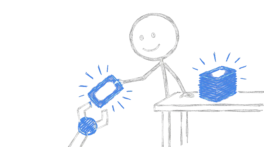 Chalk illustration of a stick figure handing a single ticket card to a robot arm reaching up from below, with a tidy stack of unused tickets waiting to the side
