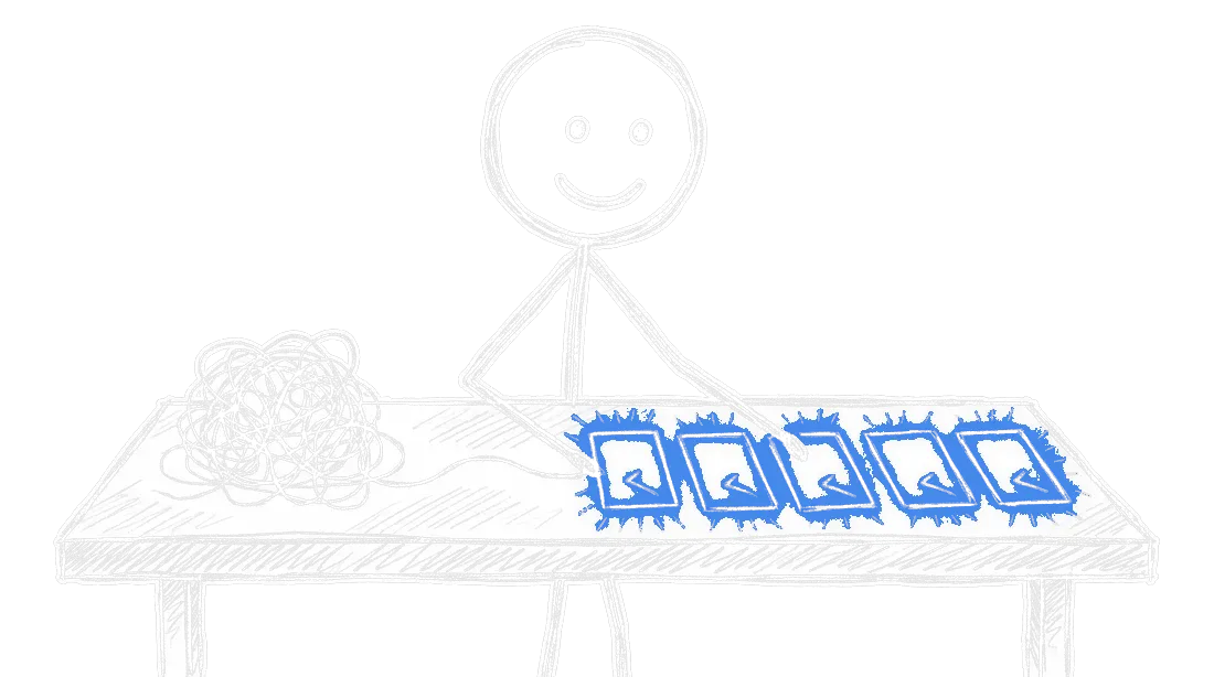 Chalk illustration of a stick figure at a drafting table turning a tangled scribble into five neat labeled index cards with checkmarks