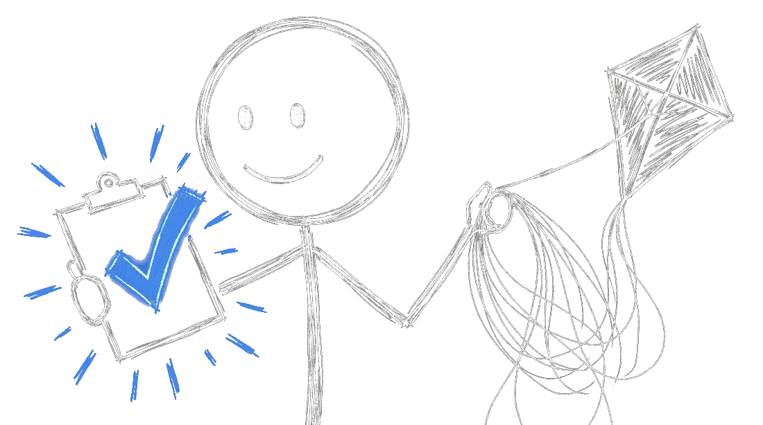 Chalk illustration of a figure checking a small clipboard while reeling one kite back in hand over hand from a fan of loose strings