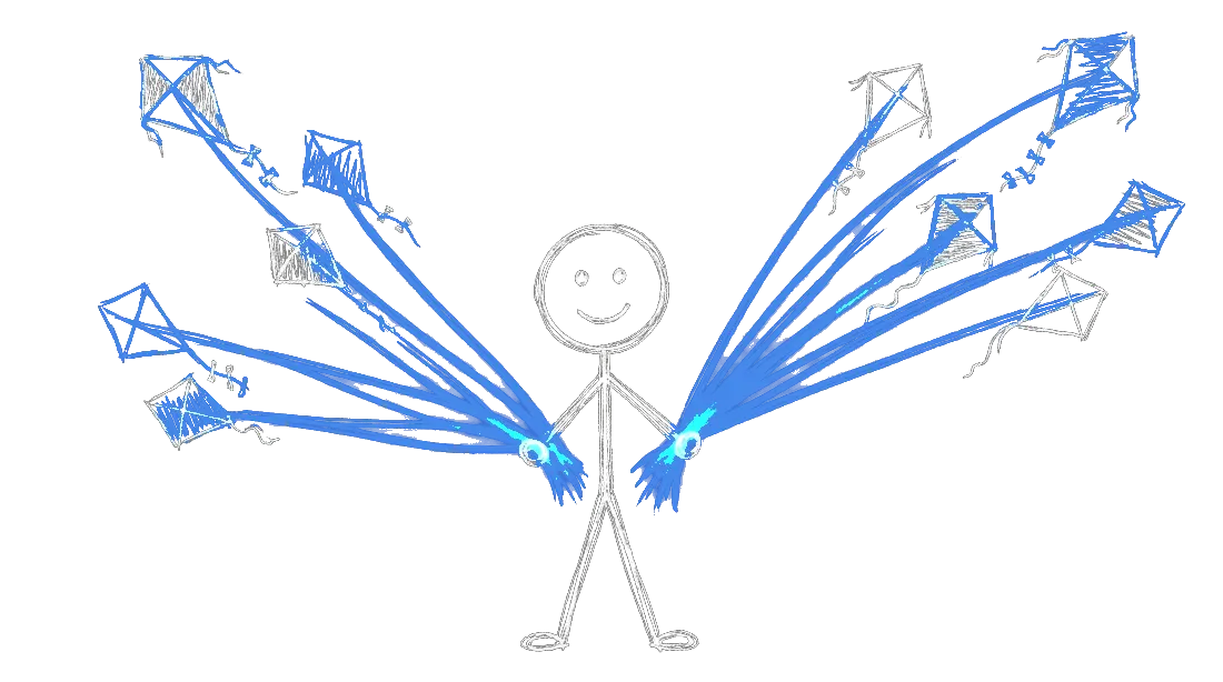 Chalk illustration of a figure standing at the center holding several kite strings that fan out to small kites flying away in different directions