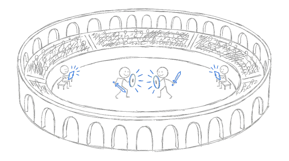 Chalk illustration of two identical stick figures dueling with swords and shields at the center of a round coliseum, with a seated judge on each side of the arena holding up a blue scoring tablet