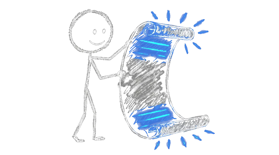 Chalk illustration of a stick figure reading a long unrolled scroll with bold text at the top and bottom and a blurry smudged gap in the middle