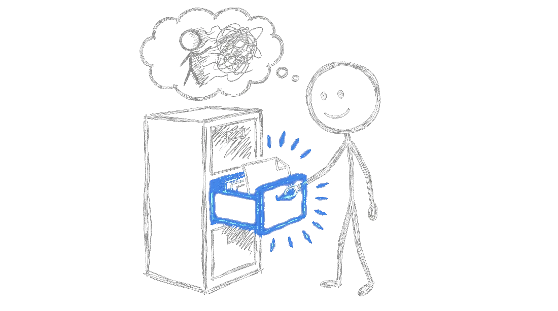 Chalk illustration of a stick figure pulling open a filing cabinet drawer beside a second faded figure whose thought bubble dissolves into scribbles
