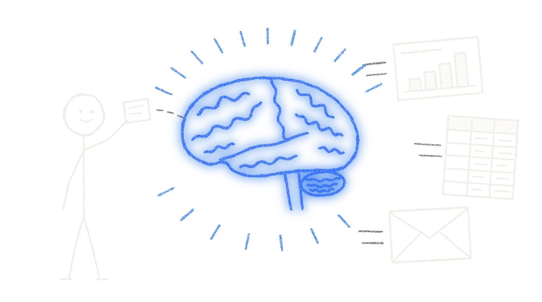 Chalk illustration of a stick figure handing a note to a glowing blue brain, with a slide deck, a spreadsheet and an email flying out the other side