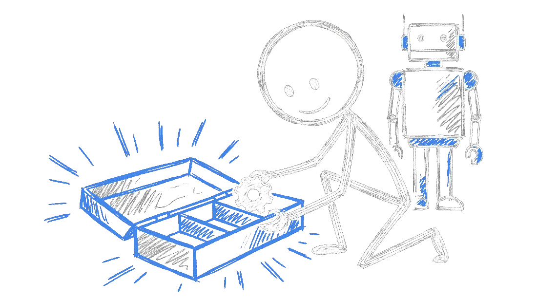 Chalk illustration of a stick figure kneeling beside an open five-compartment toolbox with a tall idle robot standing behind