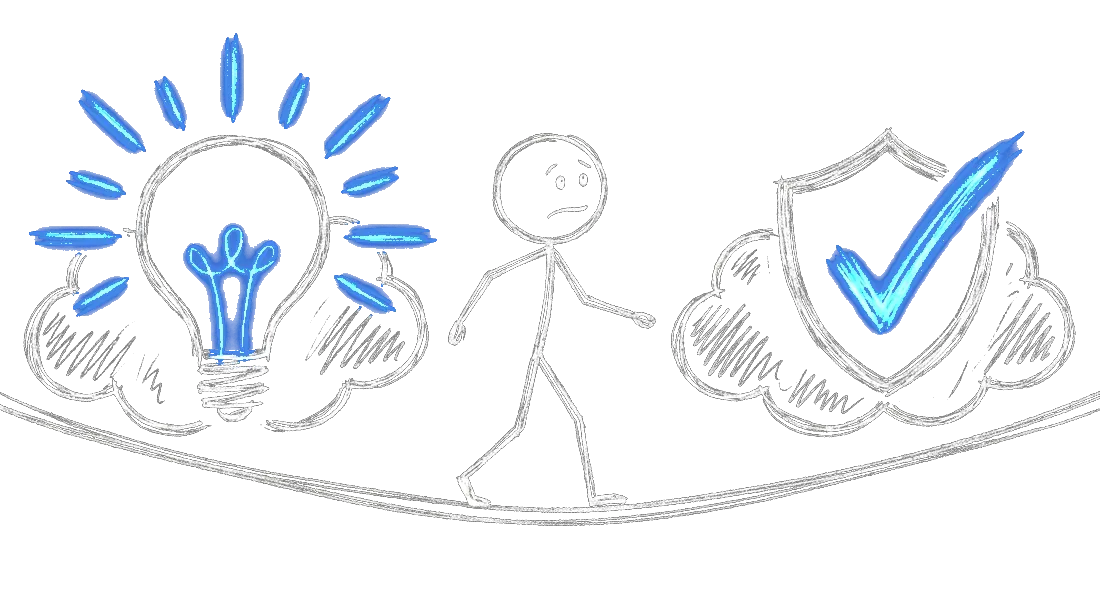 Chalk illustration of a stick figure walking a tightrope between a glowing lightbulb cloud and a shield-and-checkmark cloud